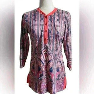 J. McLaughlin 3/4 Sleeve Ladies Multicolor Tunic Blouse Top size XS Blue Peach
